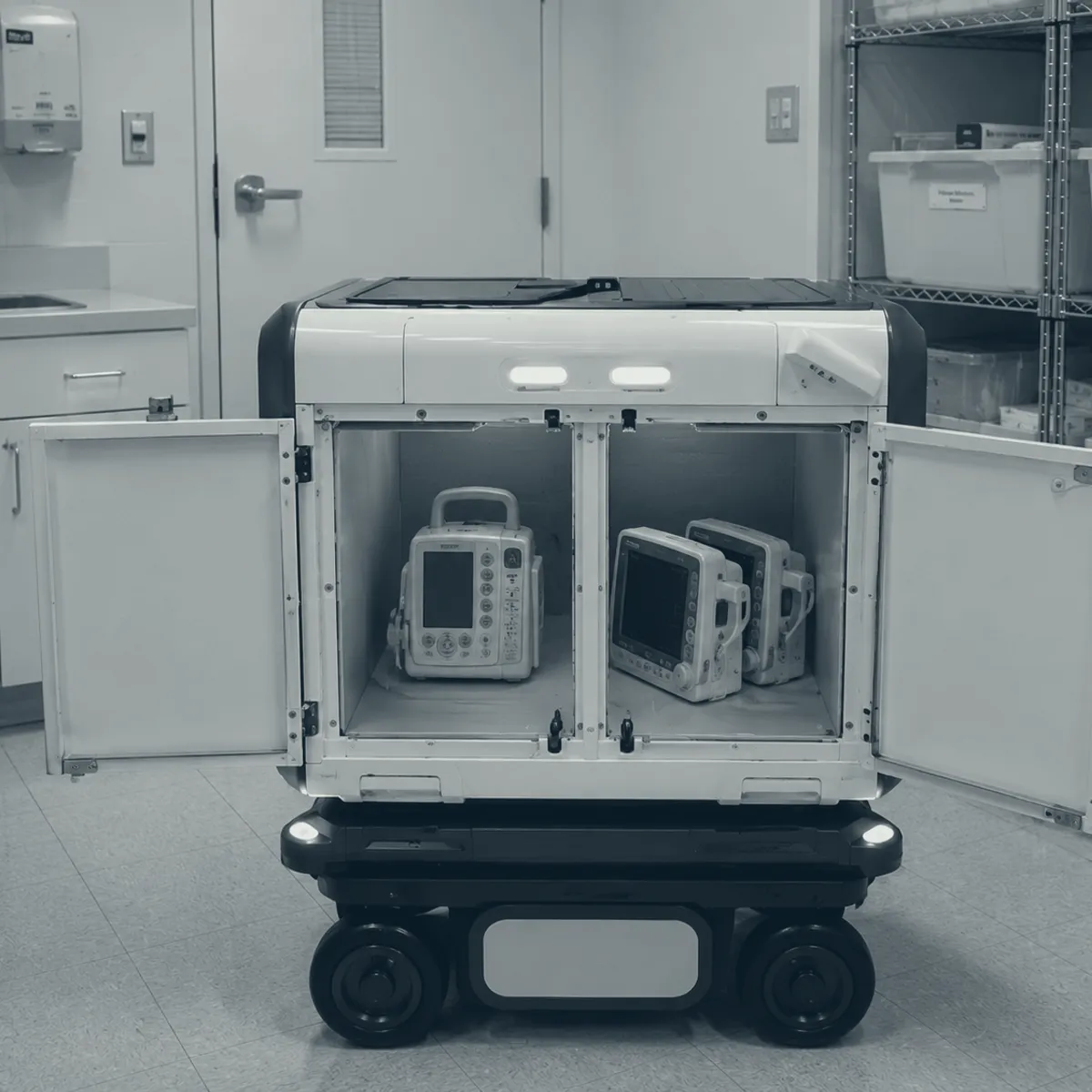 A robot's cargo compartments standing open, carrying two patient monitors.